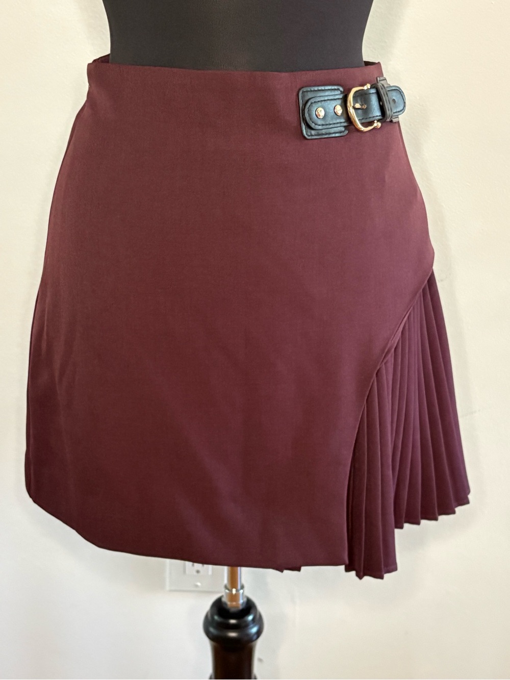 Commense Women’s Burgundy Asymmetrical Skirt with Pleated Side and Buckle S